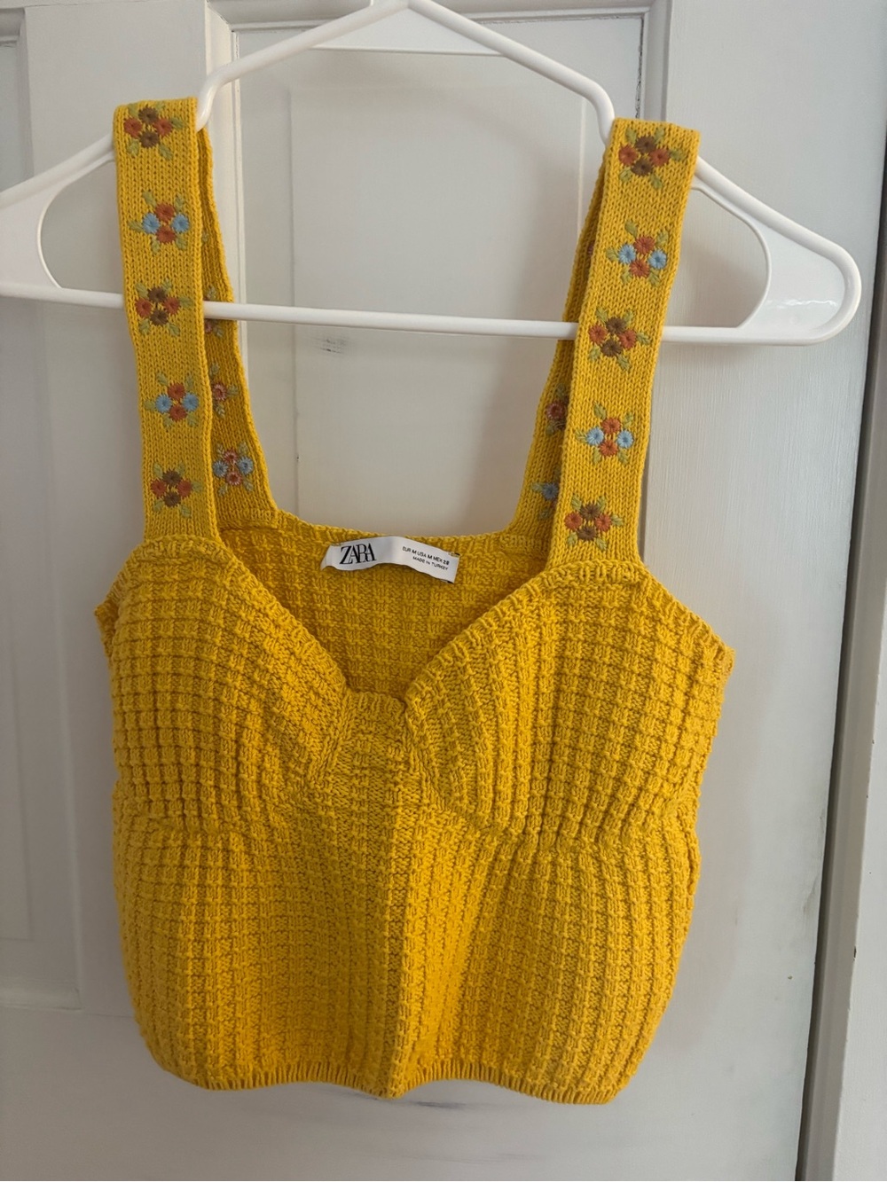 ZARA Sunshine Yellow Knit Cropped Tank with Floral-Strap Detail